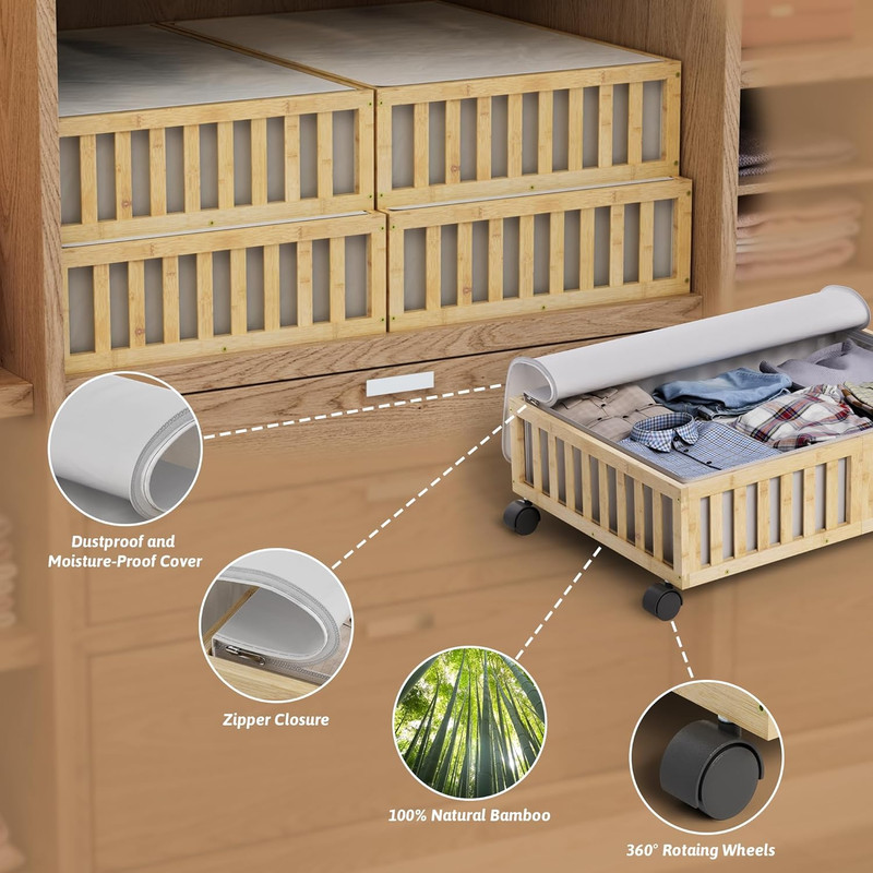Bamboo under Bed Storage Containers with Wheels, 2 Pack under the Bed Shoe Stora gallery