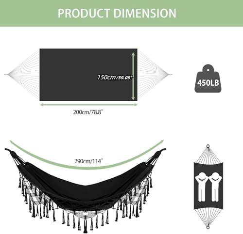 Double Hammock Macrame Boho Cotton with Hanging Ropes 485LBS Capacity Camping gallery
