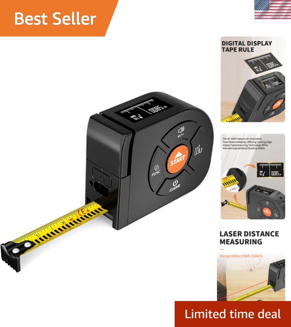 3-in-1 Rechargeable Laser Tape Measure: 196ft Distance & 16ft Digital Readout gallery
