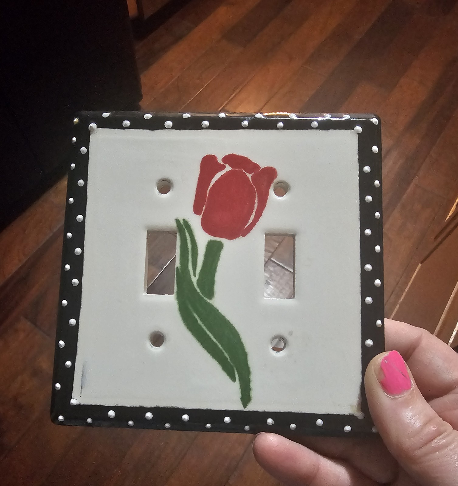 Hand painted Ceramic 2 Toggle Light Switch Cover Rose And Polka Dot gallery