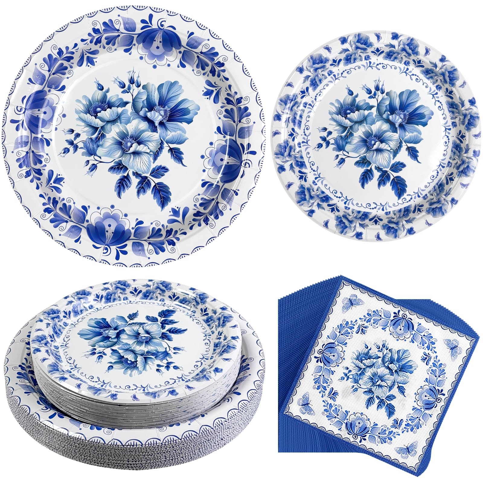 75 PCS Blue White Porcelain Party Plates 9/7 Inch & Napkins Tableware gallery