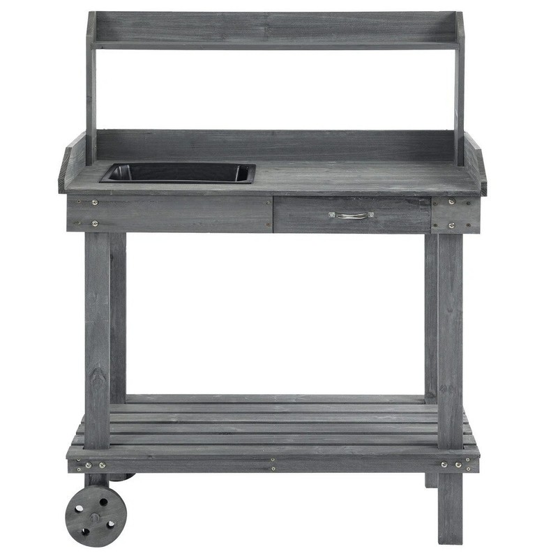 Large Rolling Grey Potting Bench Garden Work Table Outdoor Wood Planting Station gallery