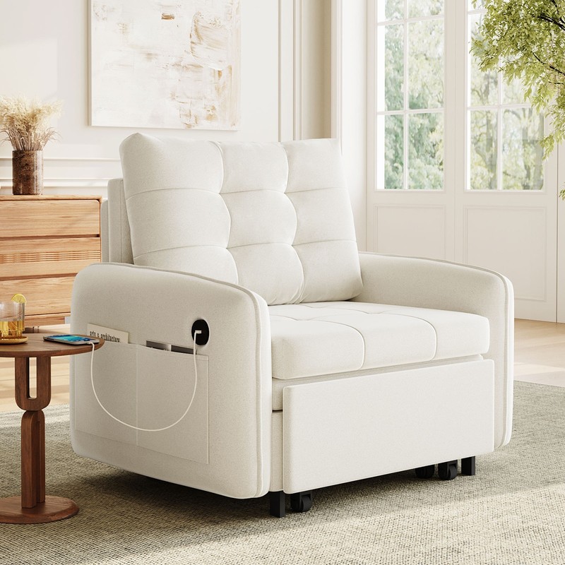 3In1 Pull Out Sleeper Sofa Bed Chenille Lounge Chair Recliner With USB Ports gallery