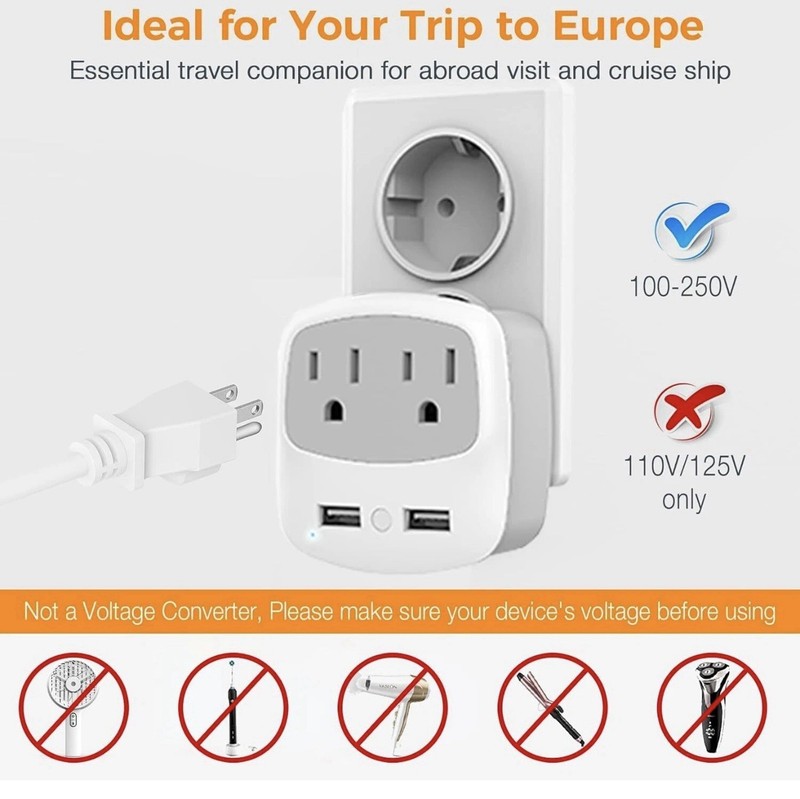 Tessan Plug Adapter with 2 USB 2 Outlet for US to EU Italy France + More gallery