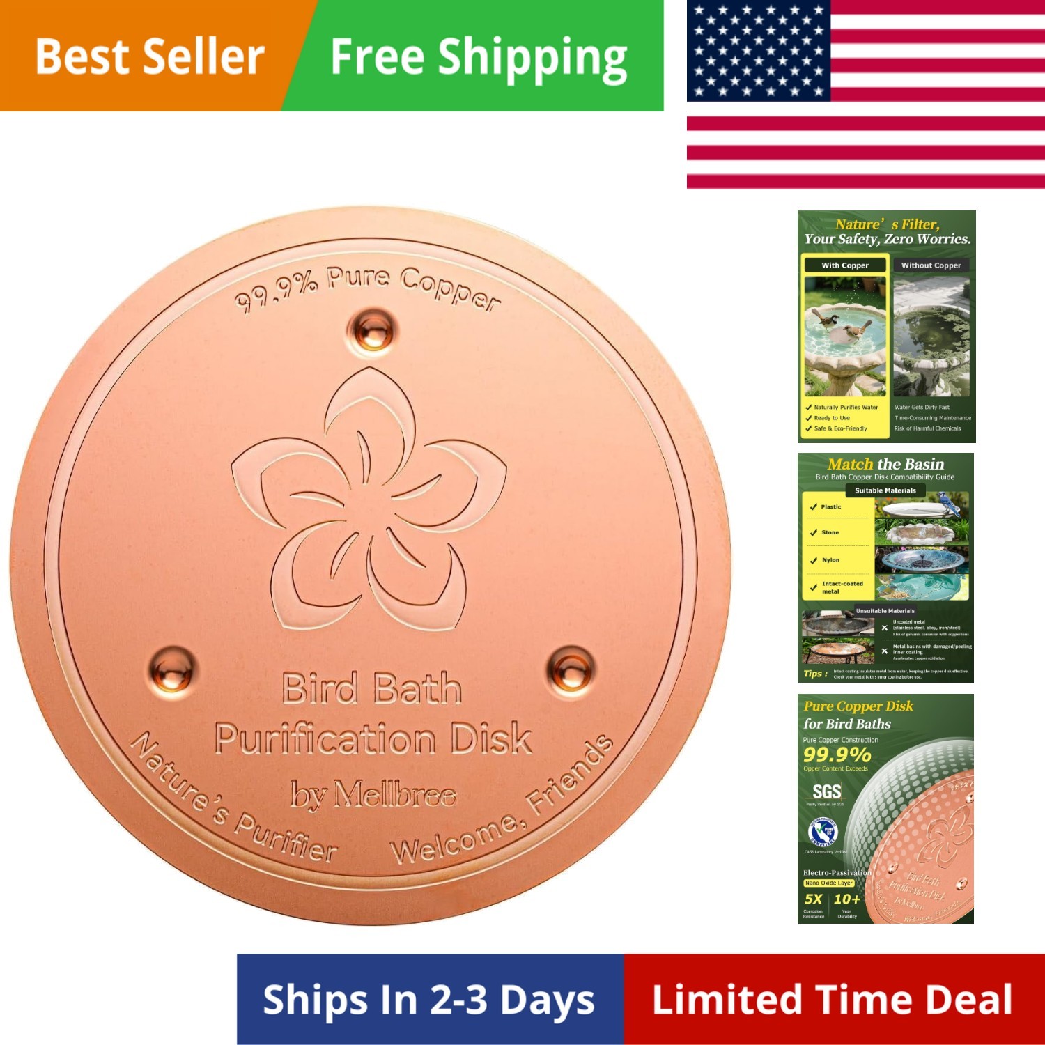 Bird Bath Copper Disc, 0.6mm 99.99% Pure Copper for Natural All-Weather Water... gallery