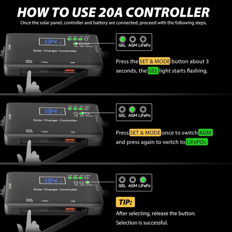 Solar Charge Controller 12V, 20A Solar Panel Charge Controller for Gel, AGM gallery