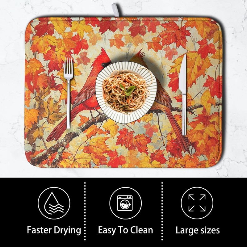 Kwlegh Fall Dish Drying Mat: Maple Leaf & Cardinal Bird Microfiber, 18x24" gallery