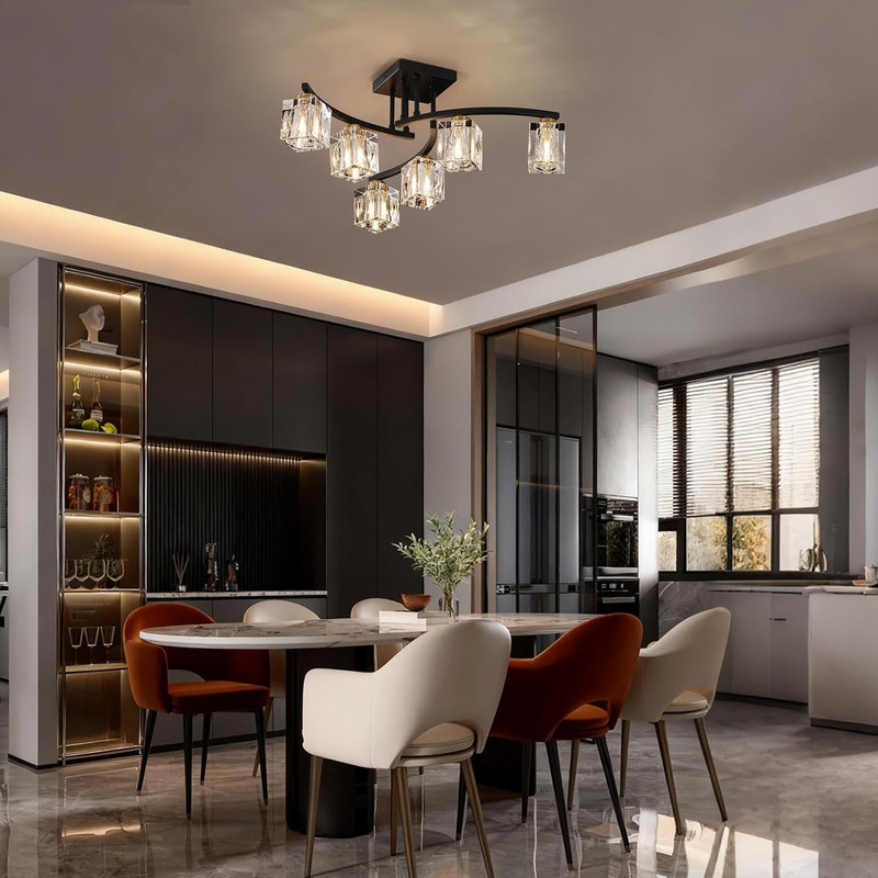 Modern 6-Light Sputnik Ceiling Fixture - Black & Gold Crystal Chandelier gallery