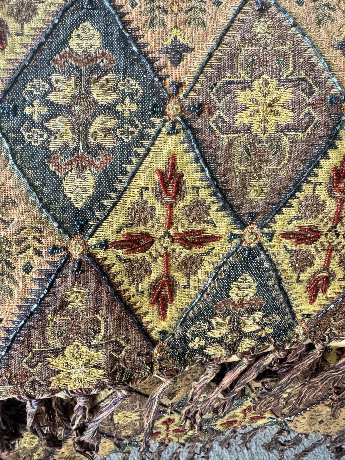 Vtg Pier 1 Tapestry Fringe Throw Blanket Boho Beaded Diamond Moroccan INDIA EUC gallery