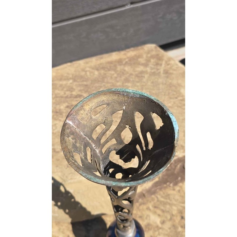 15" Brass Cutout Candlestick w/ Blue Glass Accent gallery