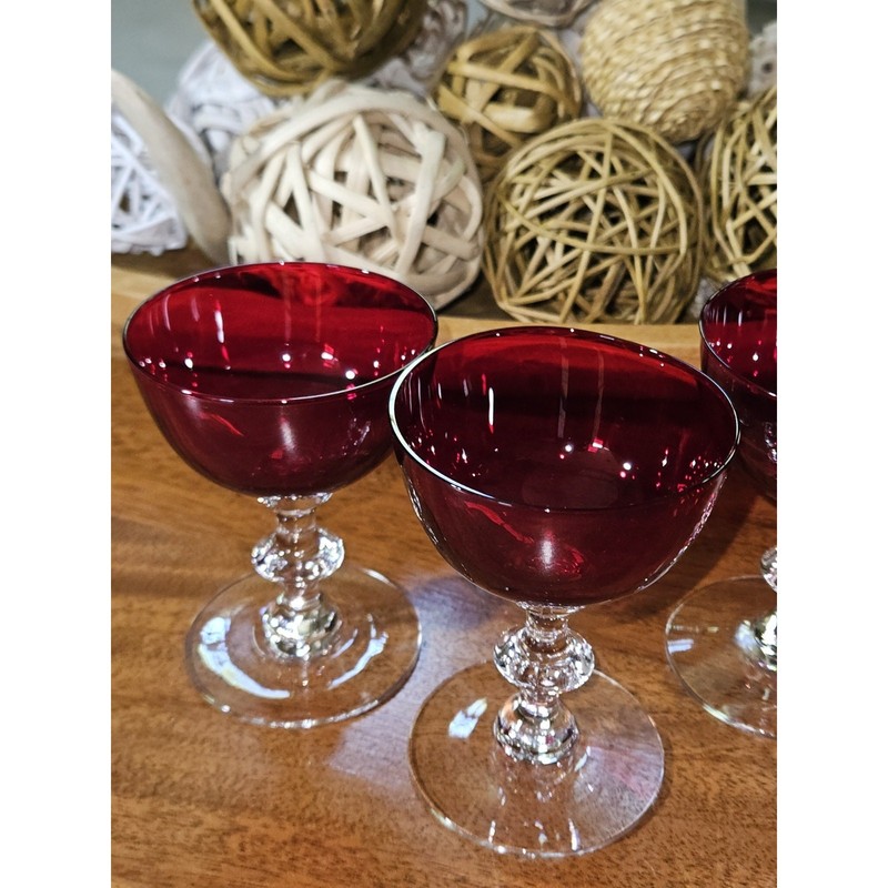 VTG Ruby Red Cordial Cocktail Glasses Goblets Set of 4 Fancy Clear Stems 4.25” gallery