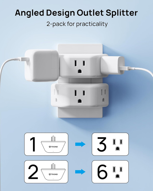 Multi Plug Outlet Extender 2 Pack - Electrical Wall Splitter, 3 Way Angled Wall gallery