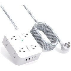 Wall Mountable 10 Ft Power Strip with 8 Wide AC Outlets & 4 USB Fast Chargers