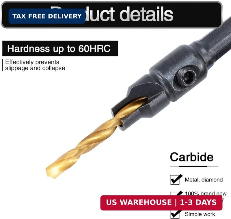 5 PCS Countersink Drill Bit Set, #5, #6, #8, #10, #12, High-Speed Steel Counter gallery