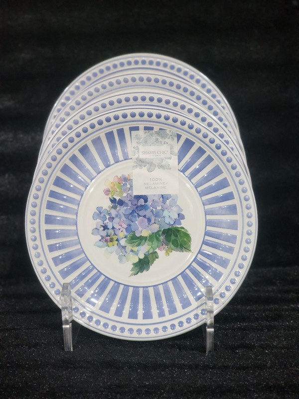 8 Shabby Chic Floral Hydrangea Dinner & Salad Plates Blue White Melamine Summer gallery