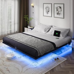 Size Floating Bed Frame, Metal Platform, with LED Light and Charging Station, No