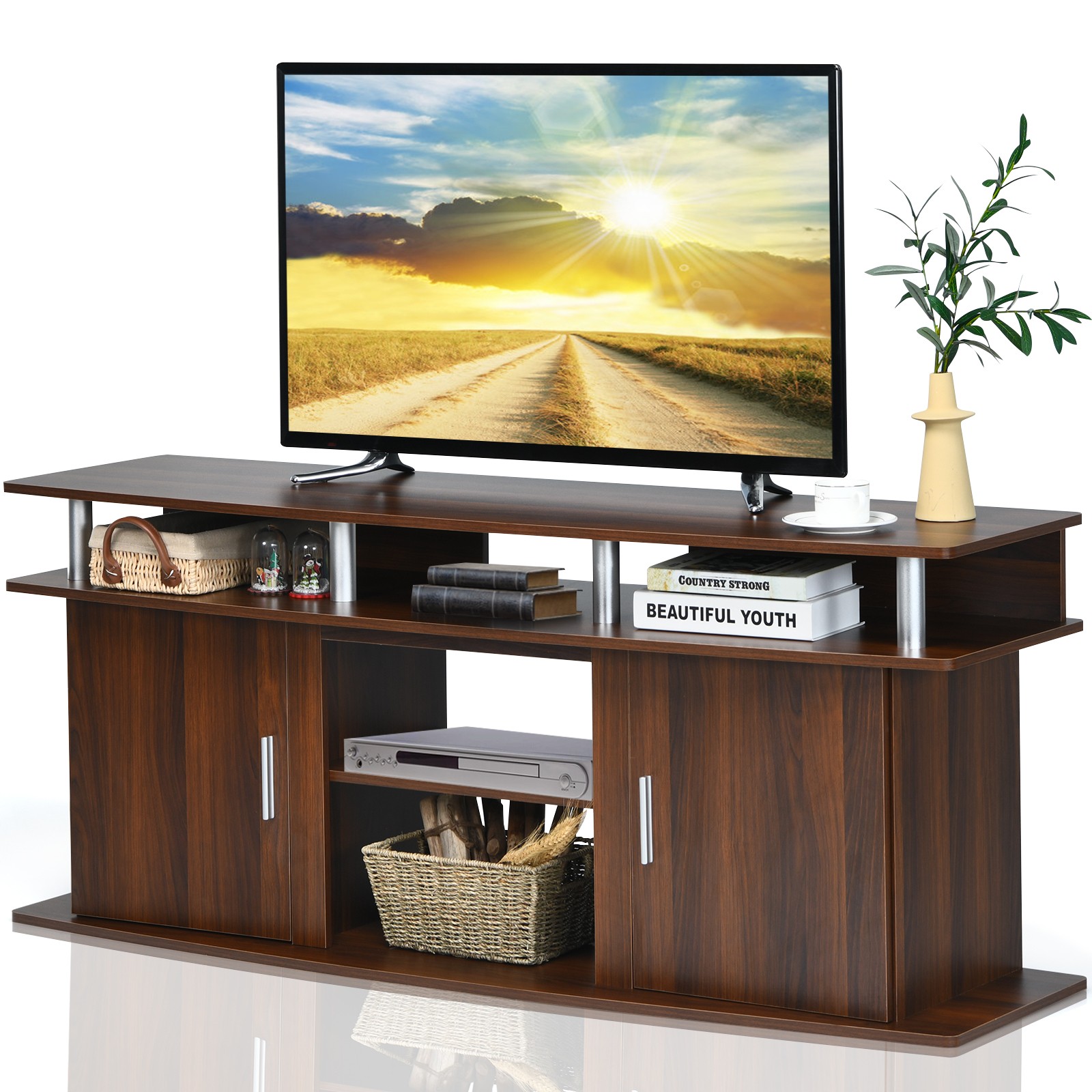 Costway 63" TV Stand Entertainment Console Center W/ 2 Cabinets Up to 70" Walnut gallery