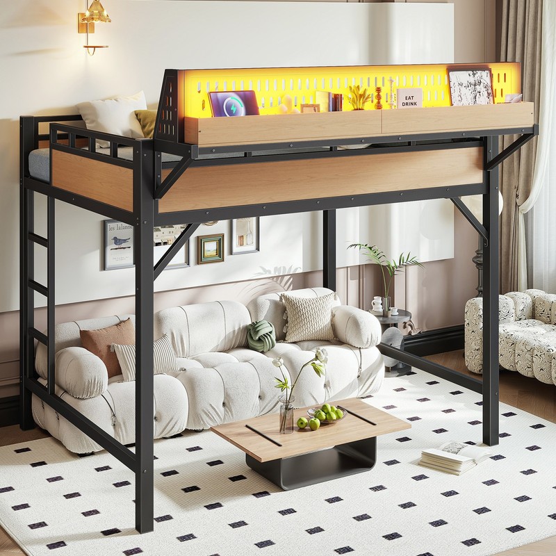 Full Size Loft Bed Frame With Storage Shelves, A Pegboard, USB Ports And LEDs gallery