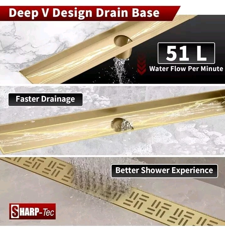 Sharp-tec 32 inch Linear Shower Drain Bathroom 092 Stainless Steel Gold gallery