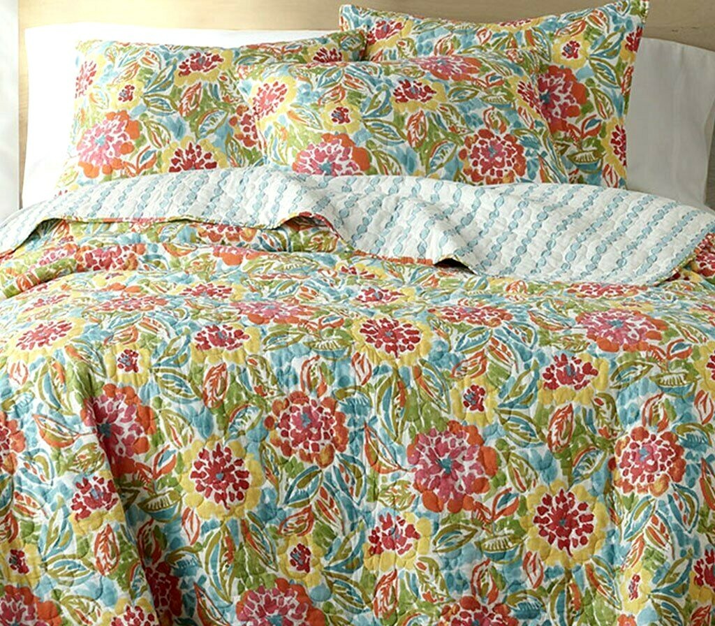 Levtex 3pc Full/Queen Floral Quilt Pink Blue Orange Green Yellow Martina Flowers gallery