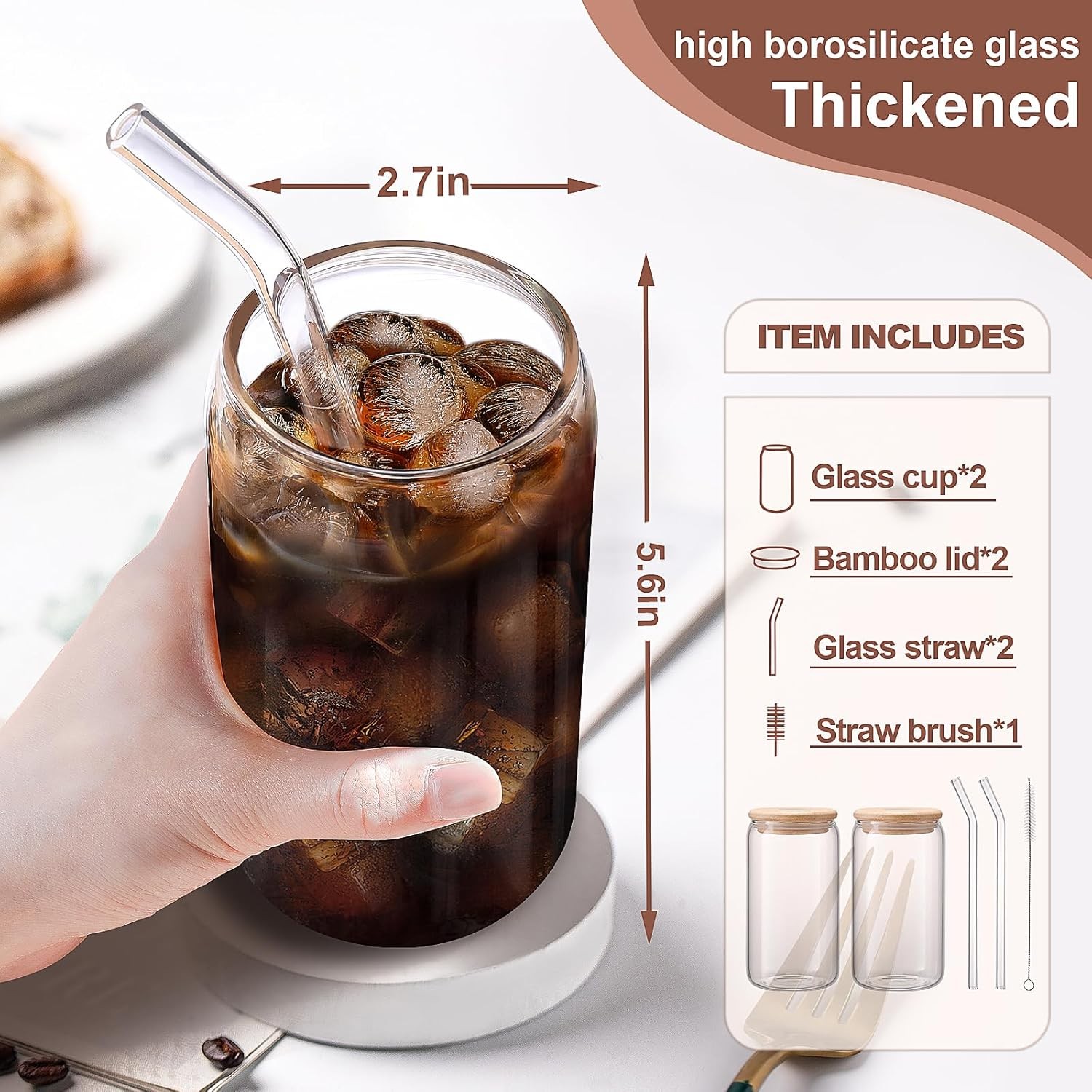 Iced Coffee Cups with Lids 2 pcs,16 oz Glass Cups with Lids and Straws as Coffee gallery