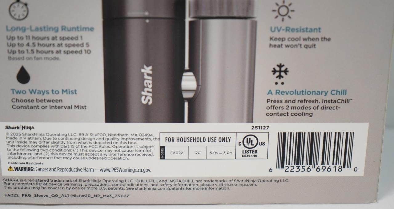 NEW - Shark ChillPill 3-in-1 Portable Fan Mist & Instachill System FA022 - Gray gallery