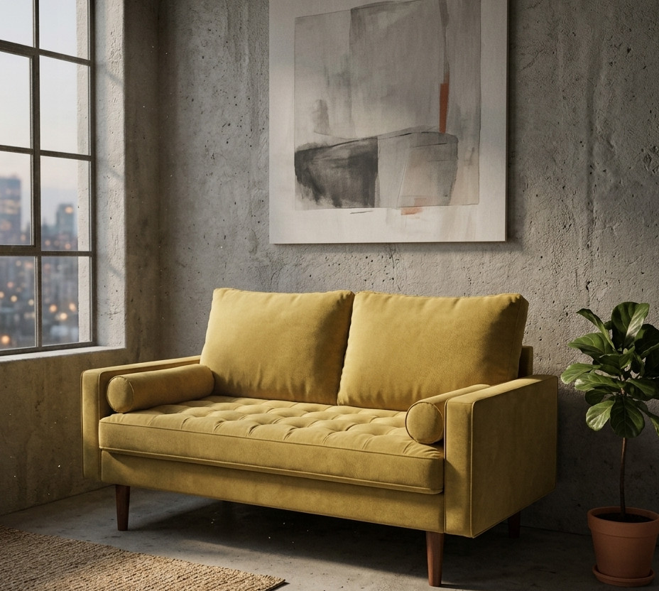 58" Sectional Loveseat Sofa Couch Mid Century Modern Small Space Mustard yellow gallery