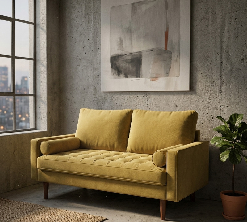 58" Sectional Loveseat Sofa Couch Mid Century Modern Small Space Mustard yellow gallery