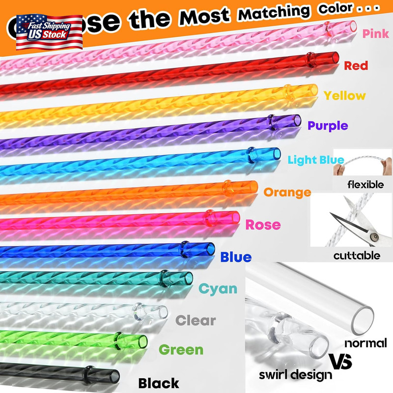 ALINK 12-Pack Reusable Plastic Coloful Swirl Straws, 11 Inch Long PETG Clear Har gallery
