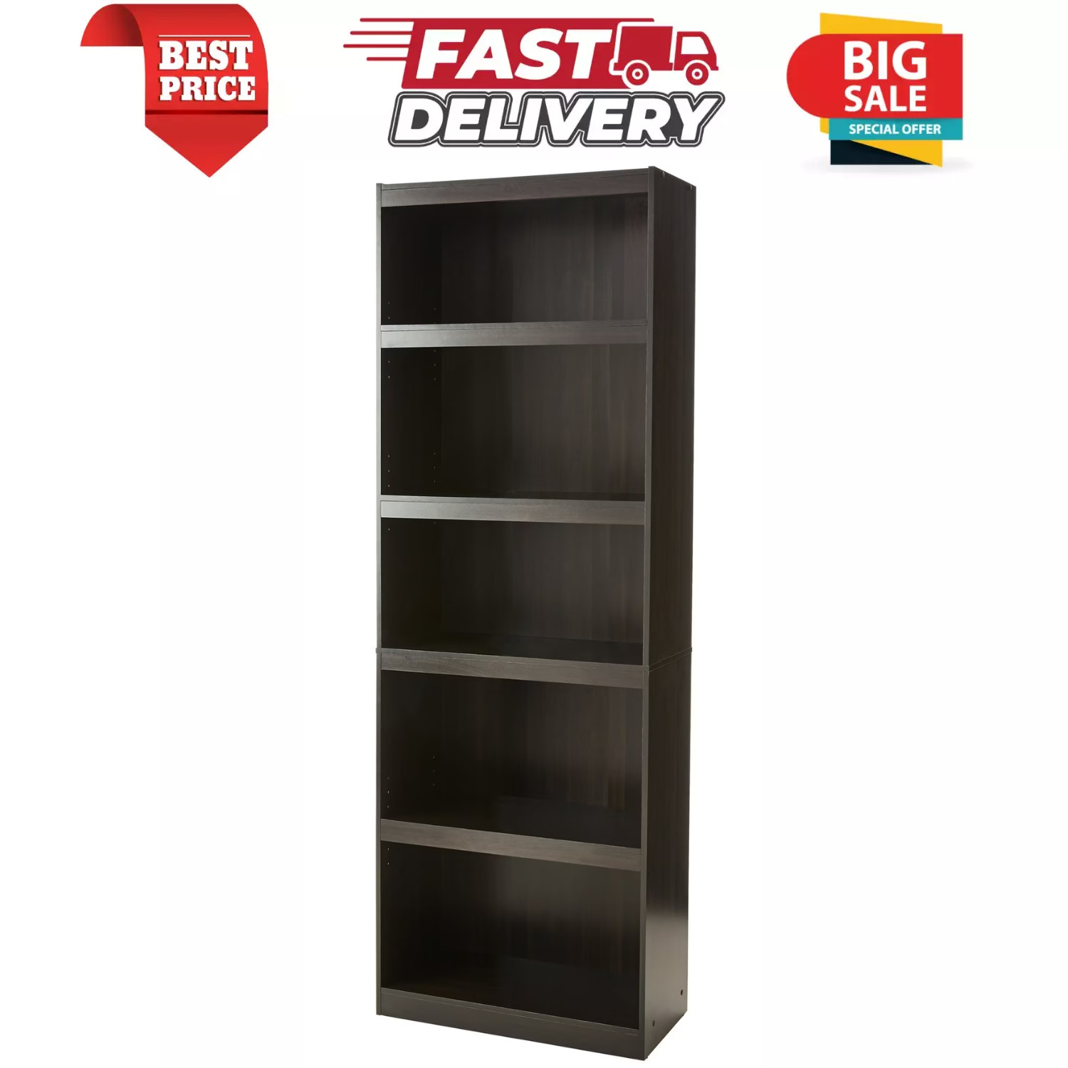 5-Shelf Wood Bookcase Adjustable Framed Storage Wide Shelf 71 in Tall, Espresso gallery