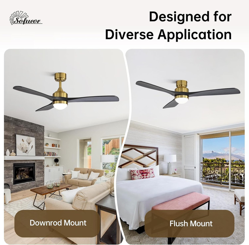 Sofucor 52" Solid Wood Ceiling Fan Lights, Flush Mount & Downrod Mount Ceiling F gallery
