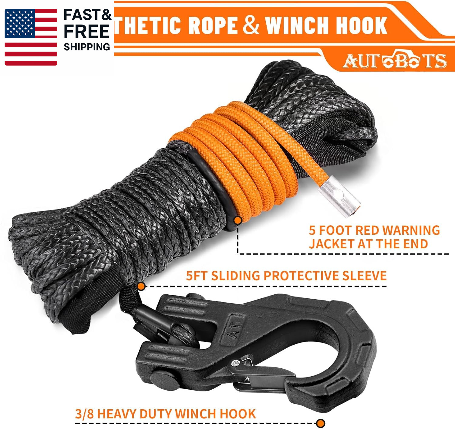 Synthetic Winch Rope 1/4" X 50 Ft，Max 9500Lbs Winch Rope with Heavy Duty 3/8 Ho gallery