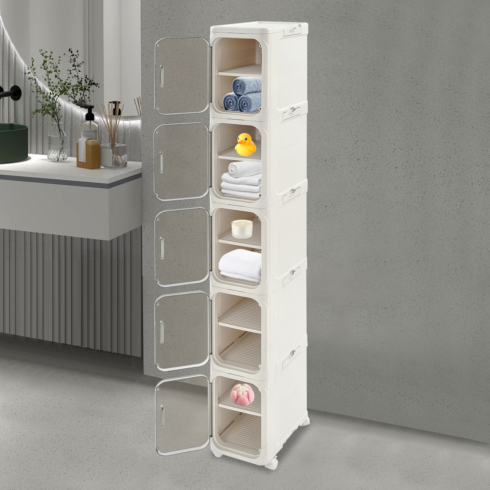 5-Tier Tall Narrow Slim Storage Cabinet with Wheels Narrow Organizer Cabinet gallery