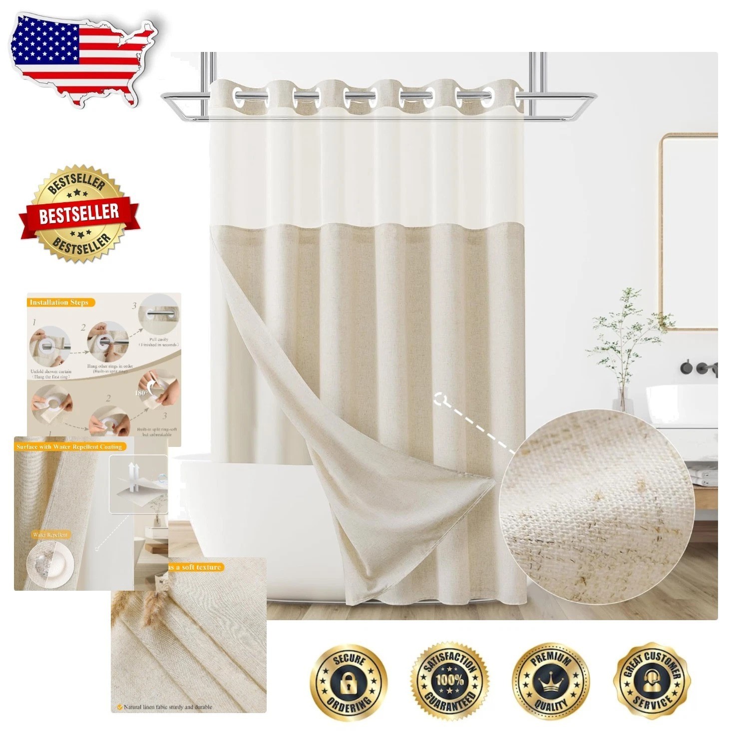 Luxury Linen Shower Curtain Set, Hookless Beige Hotel Style, Water Repellent ... gallery