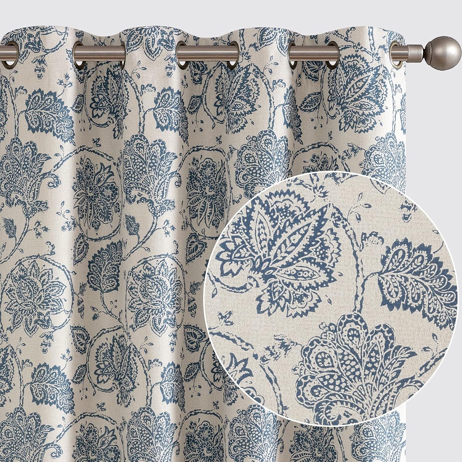 Floral Scroll Ikat Linen Curtains 2 Panels Grommet Room Darkening Bedroom 63" gallery