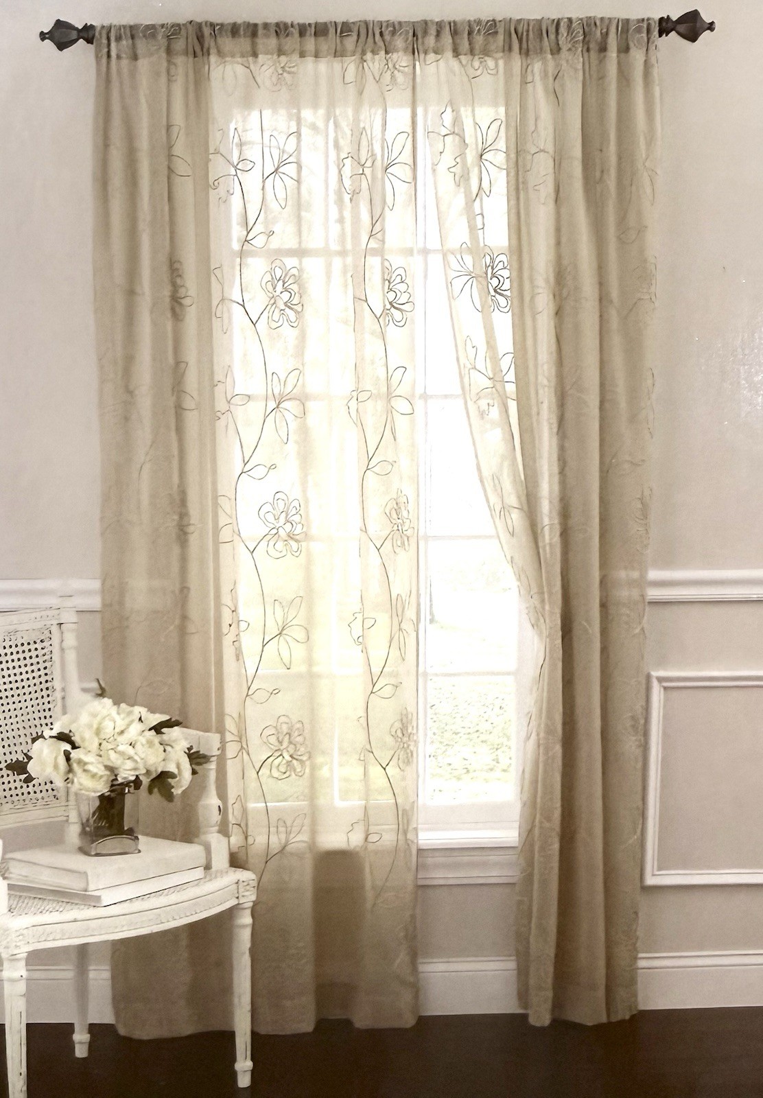 Laura Ashley Sheer Embroidered Floral Vines FROSTING Curtain 2 Panel TAUPE 52x84 gallery