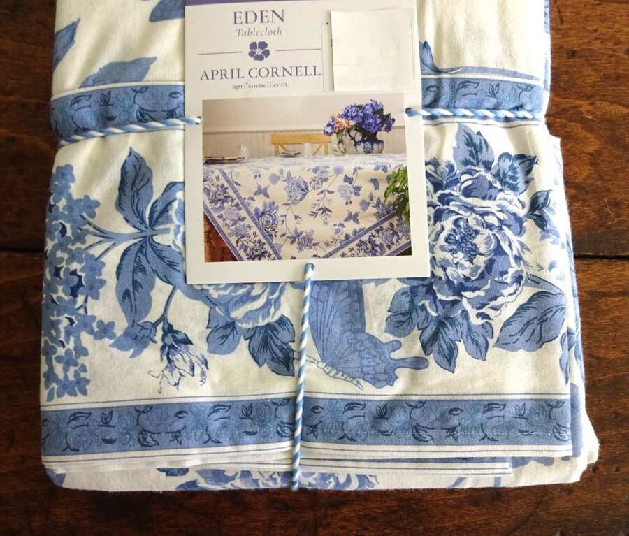 APRIL CORNELL Eden BLUE WHITE FLORAL GARDEN Cotton TABLECLOTH 60X120 gallery