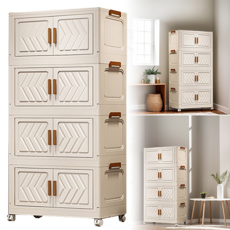 4 Tier Folding Storage Cabinet Stackable Boxes with Magnetic Doors & Wheels US gallery