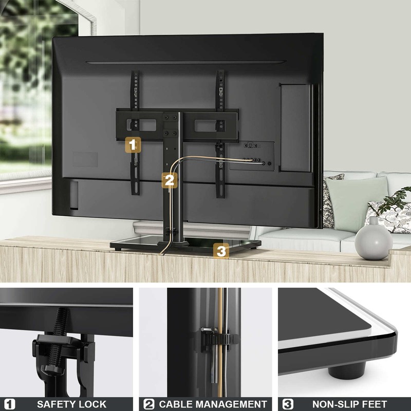 Modern Tabletop TV Stand Base with Mount for 27-60 inch Flat Screen TVs, Black gallery