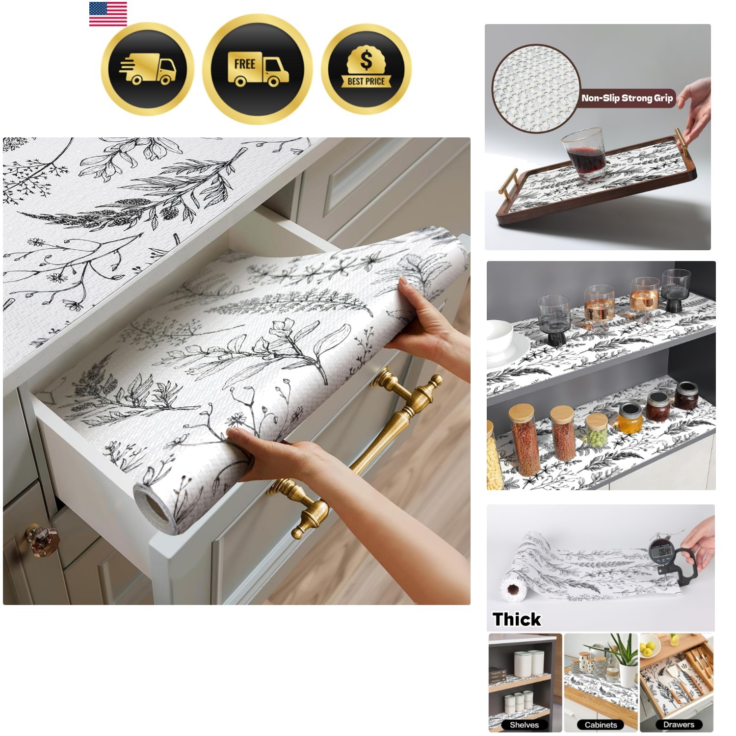 Shelf Liner for Kitchen Cabinets Drawer Shelf Waterproof Non Slip Floral 23.6... gallery