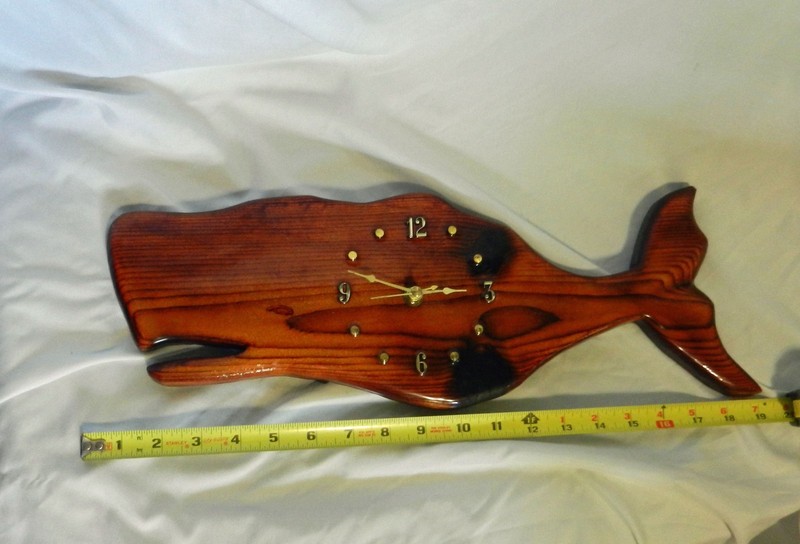 Vintage Handmade, Rustic Varnished Solid Wood Wall Clock Moby Dick Sperm Whale gallery