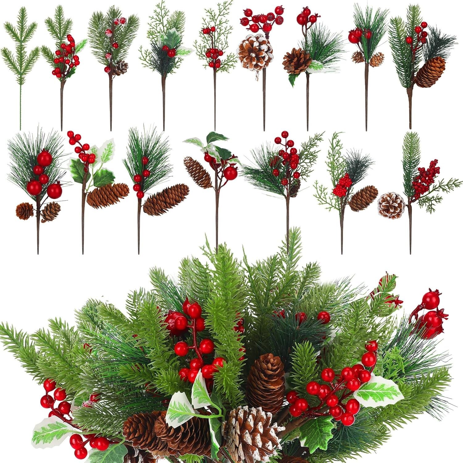 200 Pcs Artificial Christmas Picks & Sprays Green Pine Needles Pine Twig Branch gallery