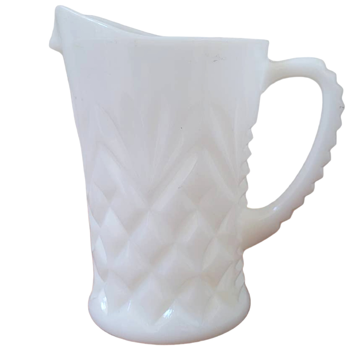 Anchor Hocking Milk Glass Pitcher White Diamond Cut Glass Creamer Handle Vintage gallery