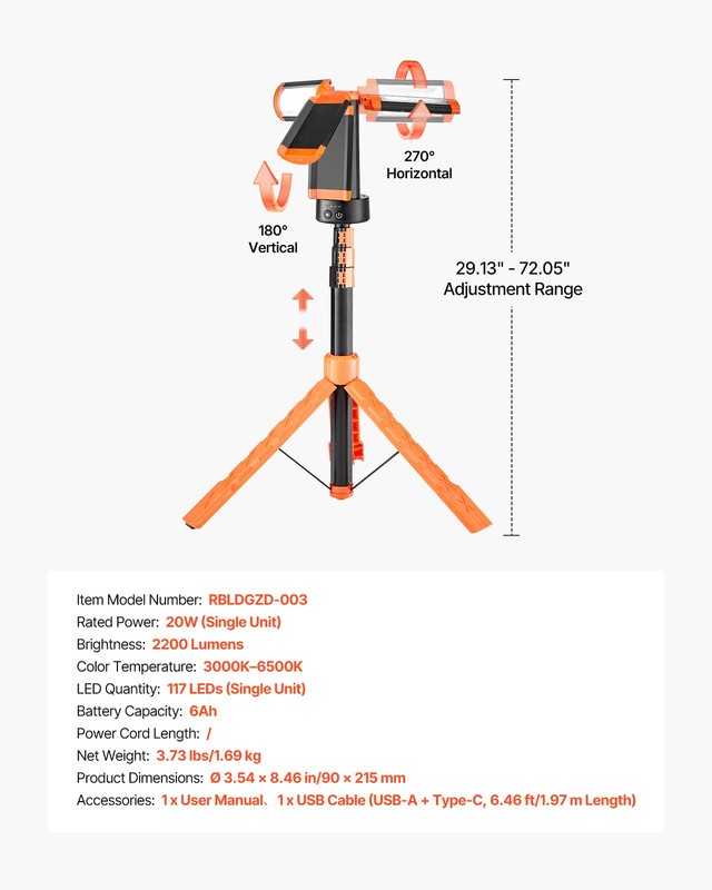 VEVOR LED Work Light with Stand Rechargeable Cordless Camping Light 6Ah 2200 LM gallery