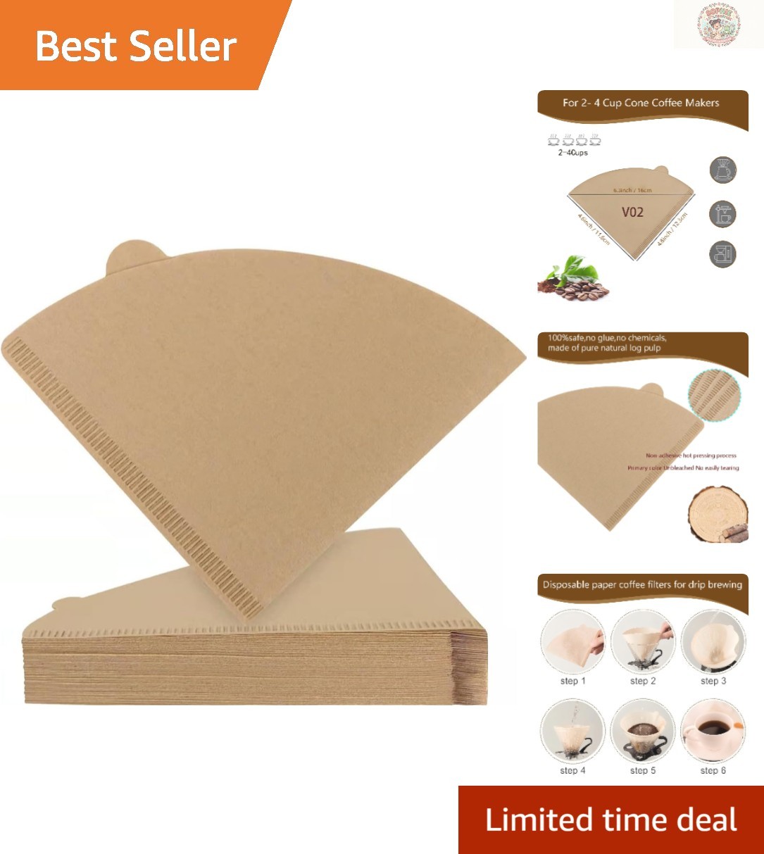 200 Count Unbleached Cone Coffee Filters for Pour Over & Drip Makers, Size 04 gallery