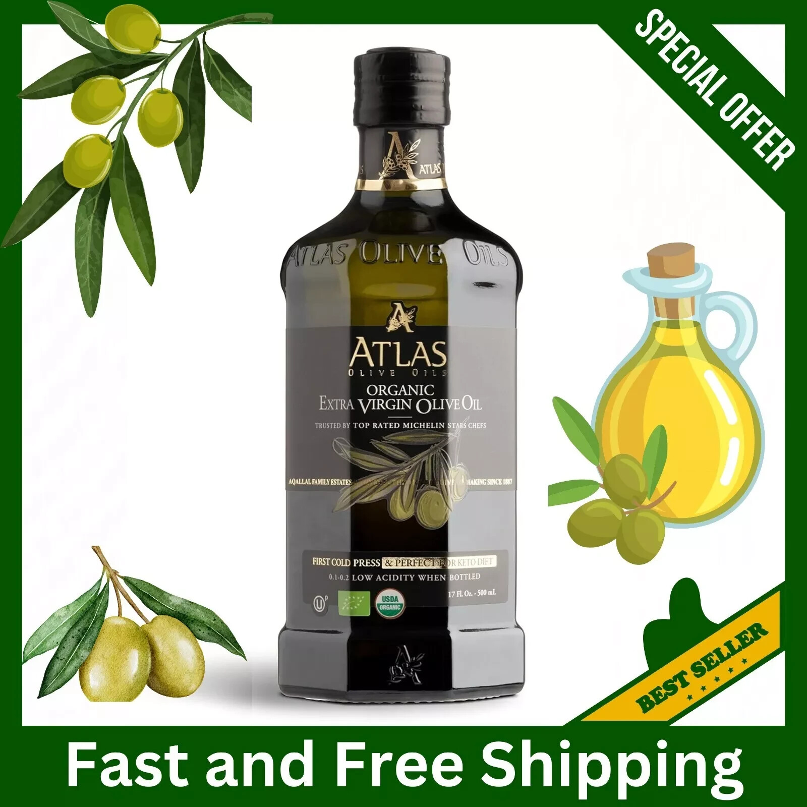 Atlas Organic Cold Pressed Moroccan Extra Virgin Olive Oil, Polyphenol Rich, NEW gallery