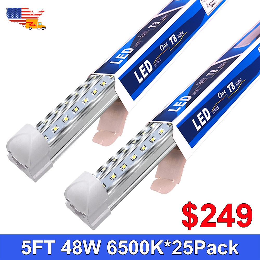 25 Pack 5Ft LED Garage Light Fixture 48W 6500K 6200Lm Clear V Shaped T8 Tube gallery