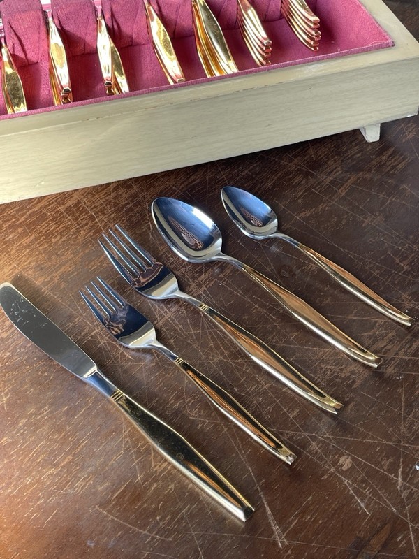 Vintage Gold Electroplate Flatware Service for 12 UNF617 Japan Mid Century gallery