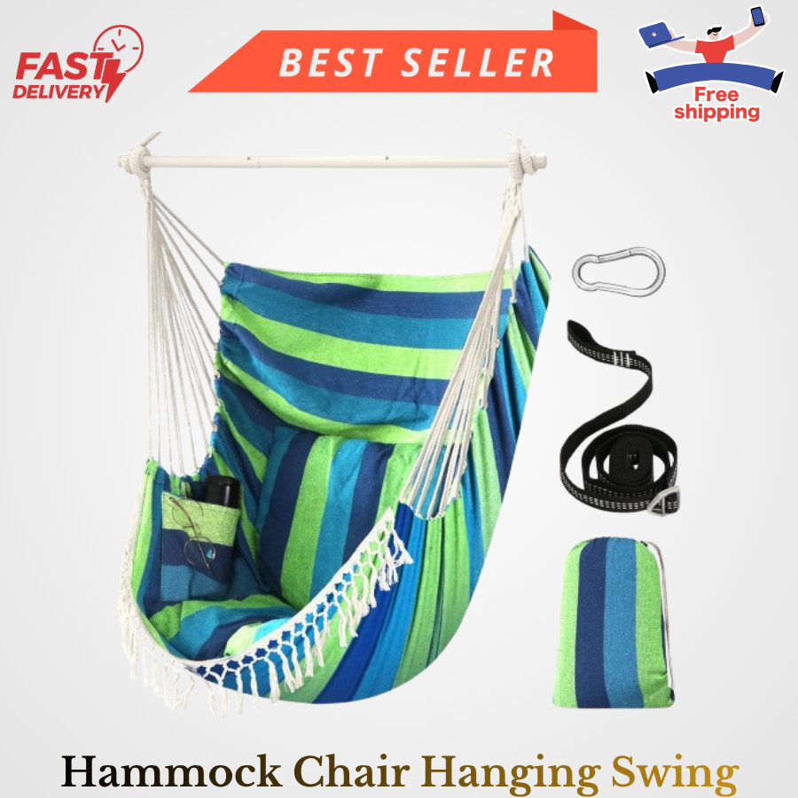 Hammock Chair Hanging Swing Max 500 Lbs 2 130x100cm, Blue Green gallery