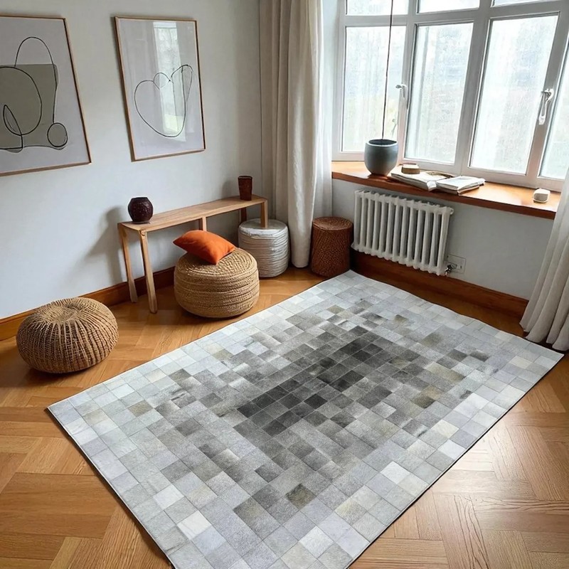 Elegant Patchwork Leather Rug Grey White Living Room Carpet gallery